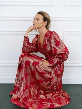 Ciebon XS Isa Red Metallic Long Sleeve Wrap Maxi Dress w/ Pockets MSRP $180